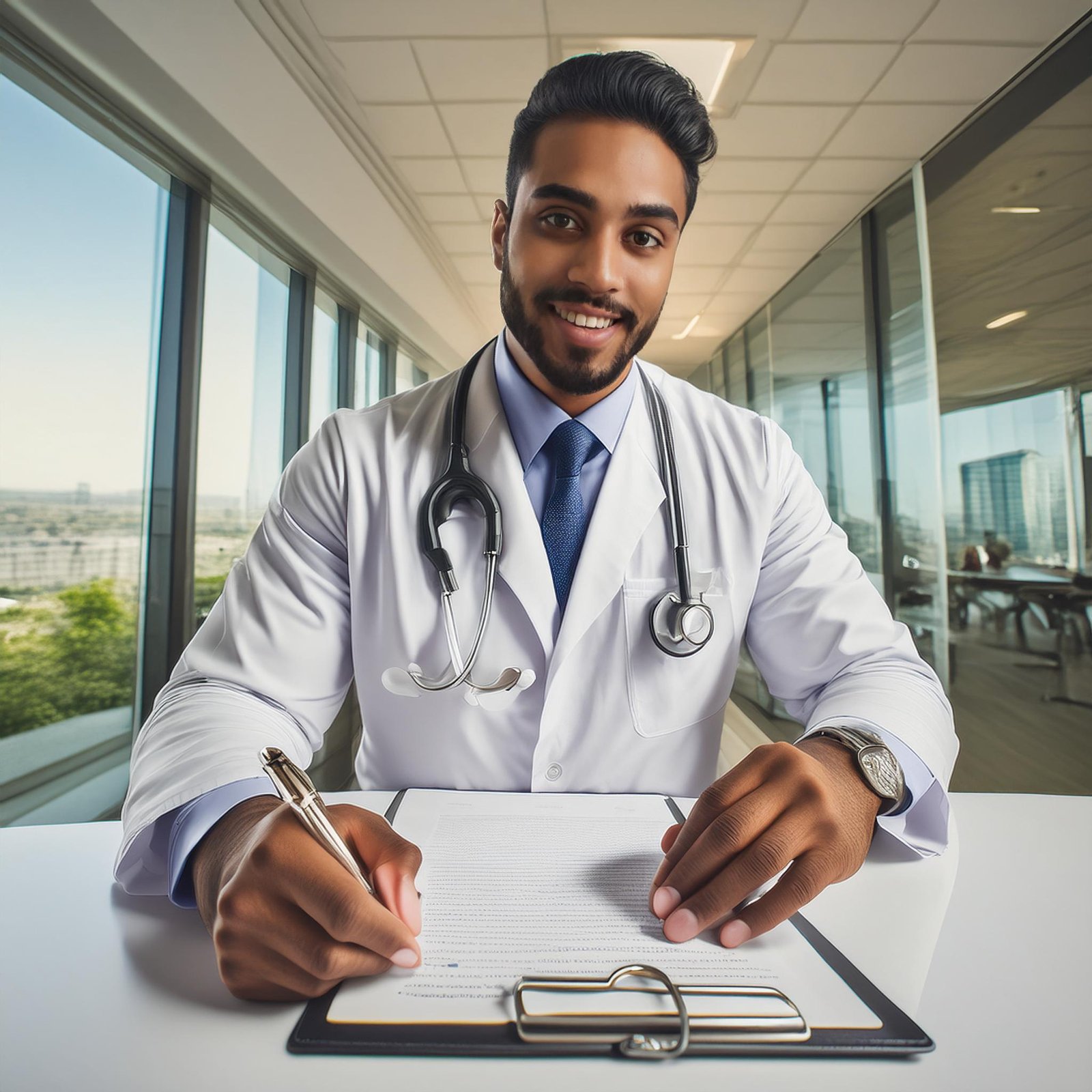 Médecin en train de signer son contrat de santé dans son cabinet 33283