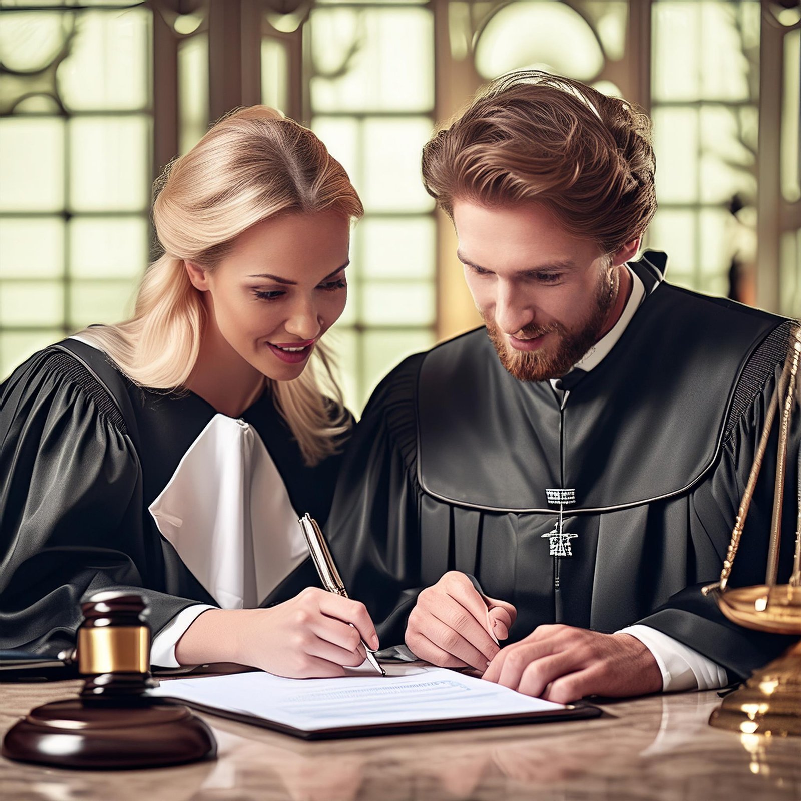 couple d'avocats en robe traditionnelle d'avocat en train de signer un contrat d'assurance v